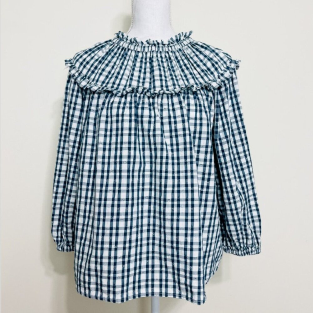G00331 Universal Threads Blouse Teal White Gingham Ruffle Long Sleeve MEDIUM